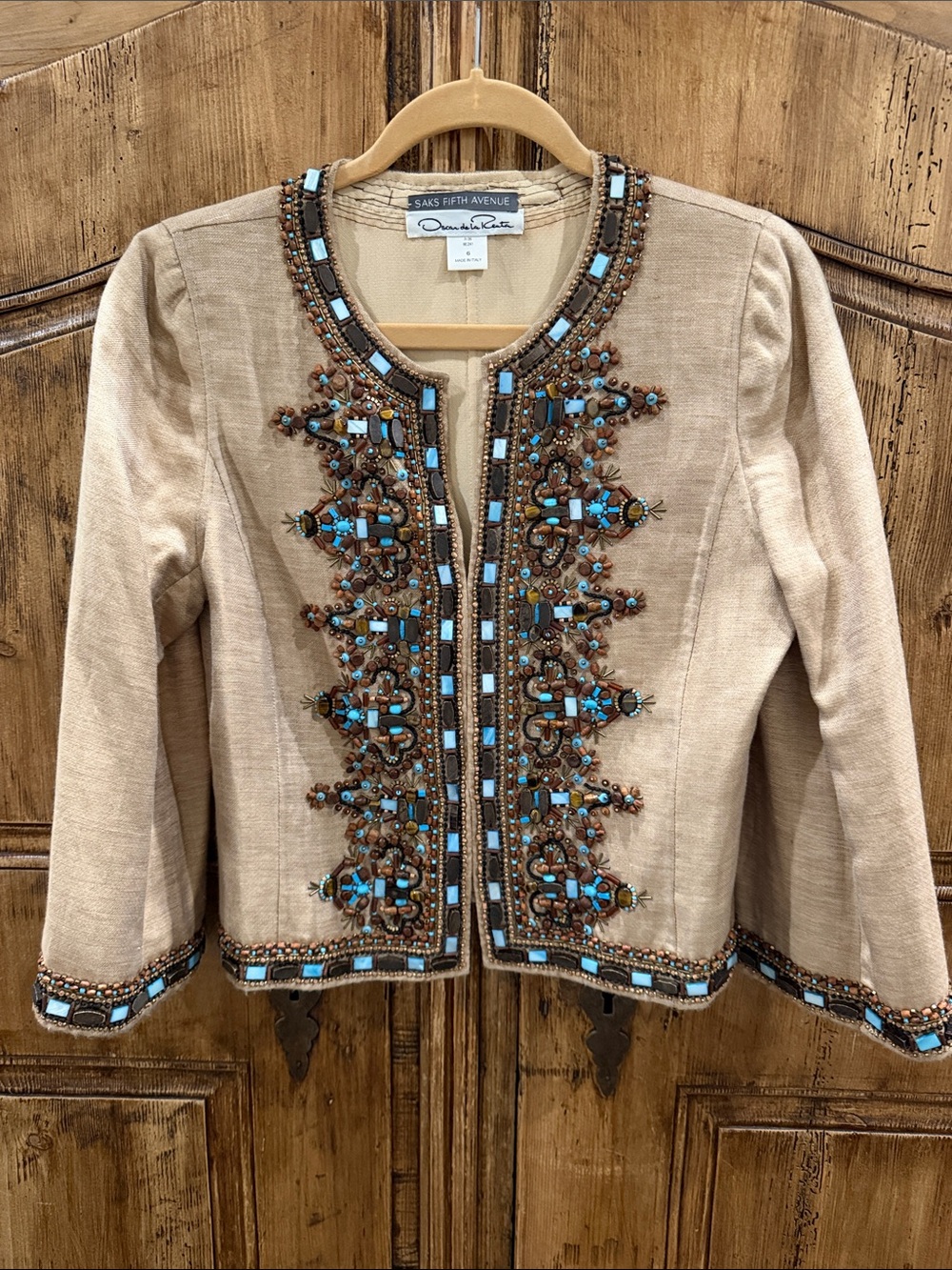 Oscar de la Renta Turquoise Beaded Embellished Cropped Jacket – Size 6